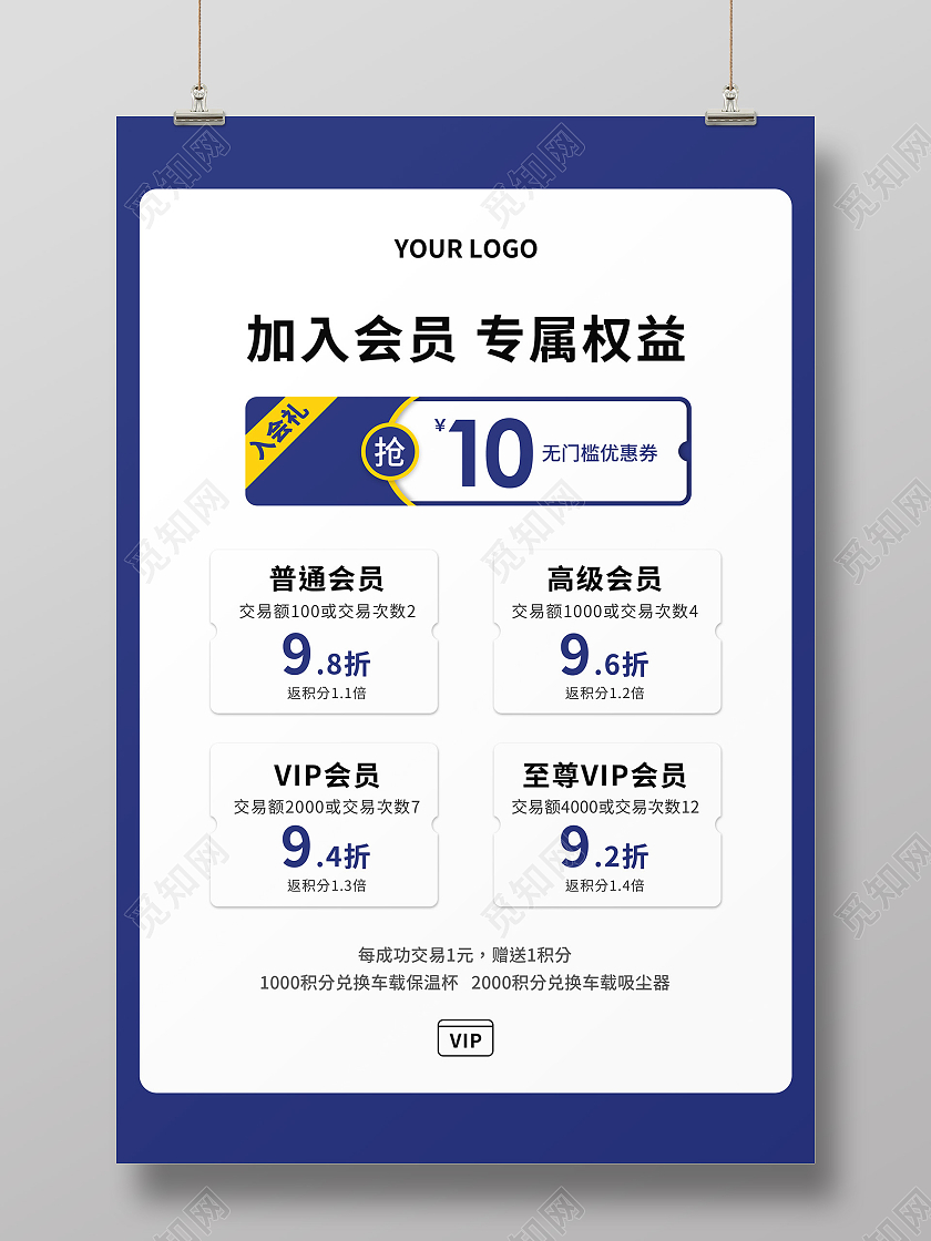 蓝色白色简约大气加入会员专享权益会员权益海报