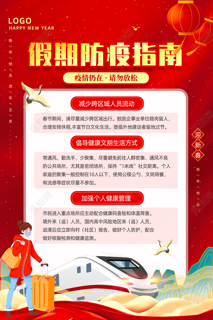 红色喜庆大气假期防疫指南新年防疫春节防疫海报