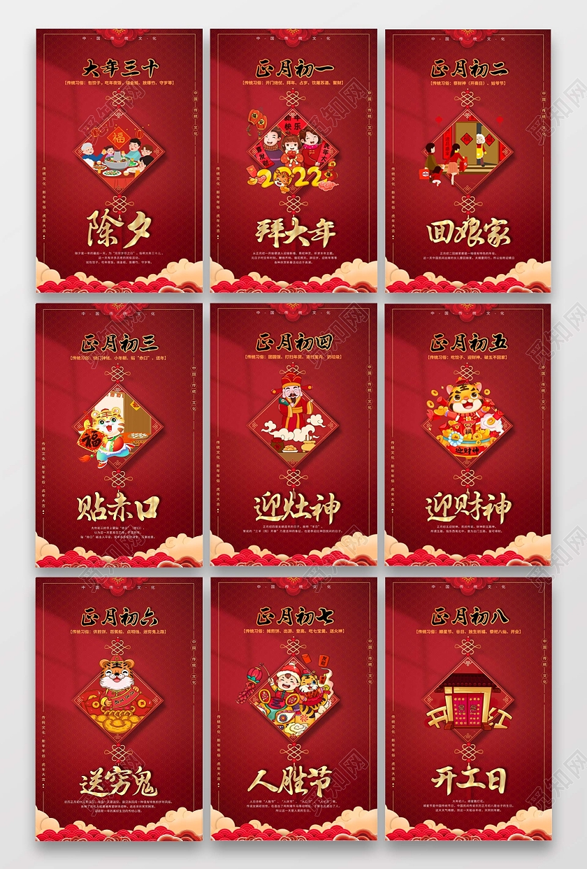 红色喜庆2022新年大年初一初二初六初八习俗海报春节习俗