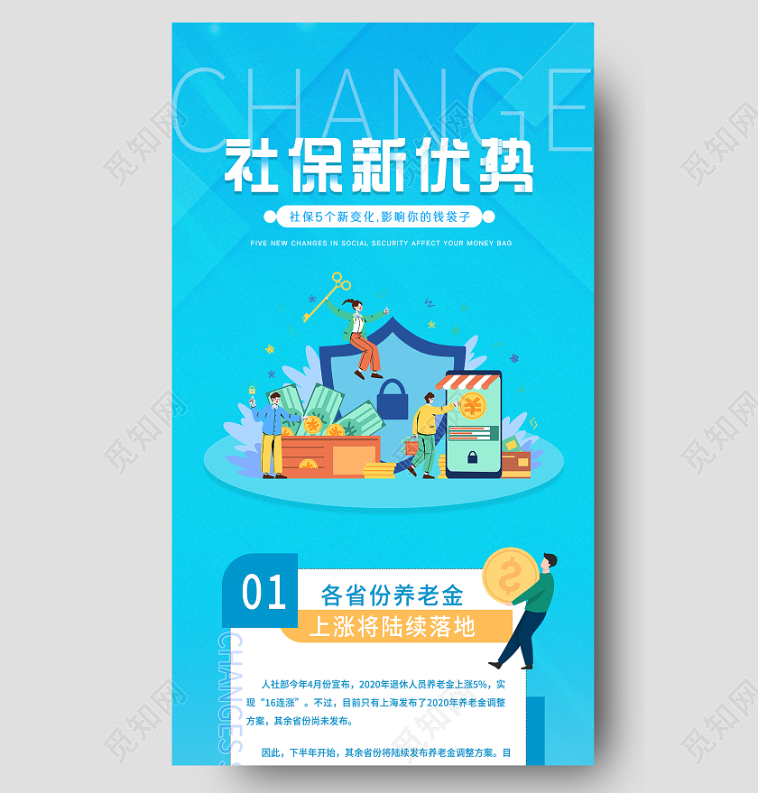 蓝色简约卡通社保新优势手机长图H5