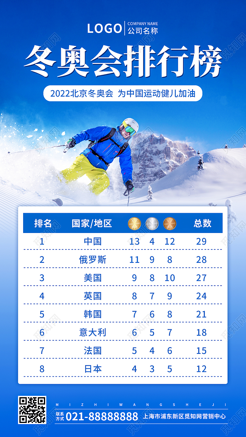 蓝色简约大气实景风格冬奥会奖牌榜手机文案海报