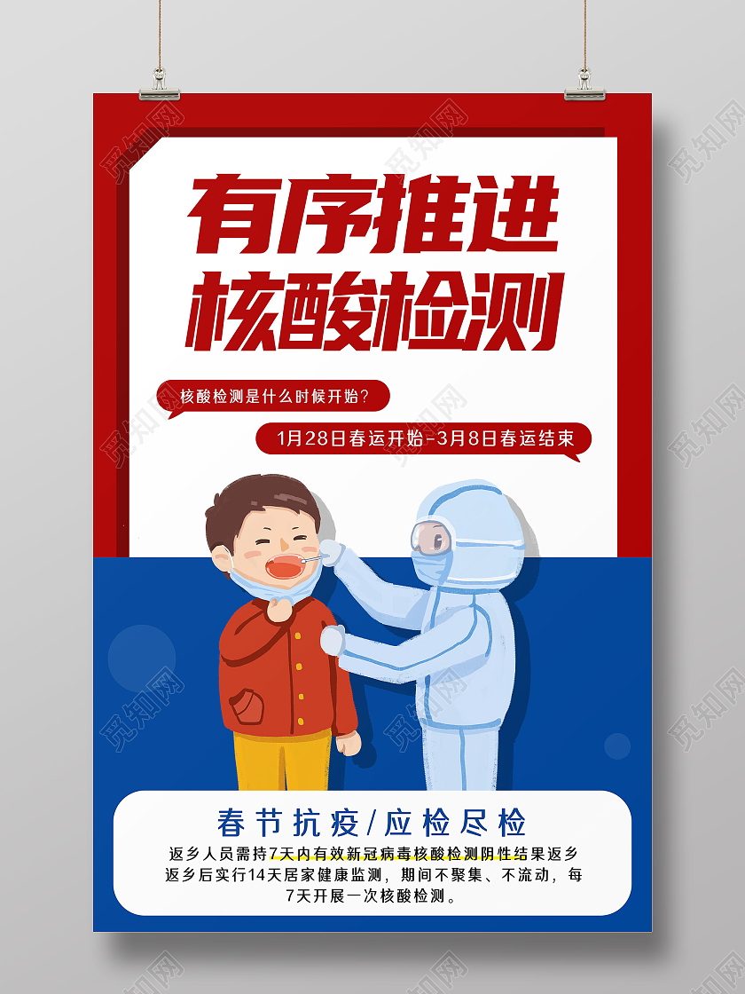 红色卡通有序推进核酸检测春运防疫海报