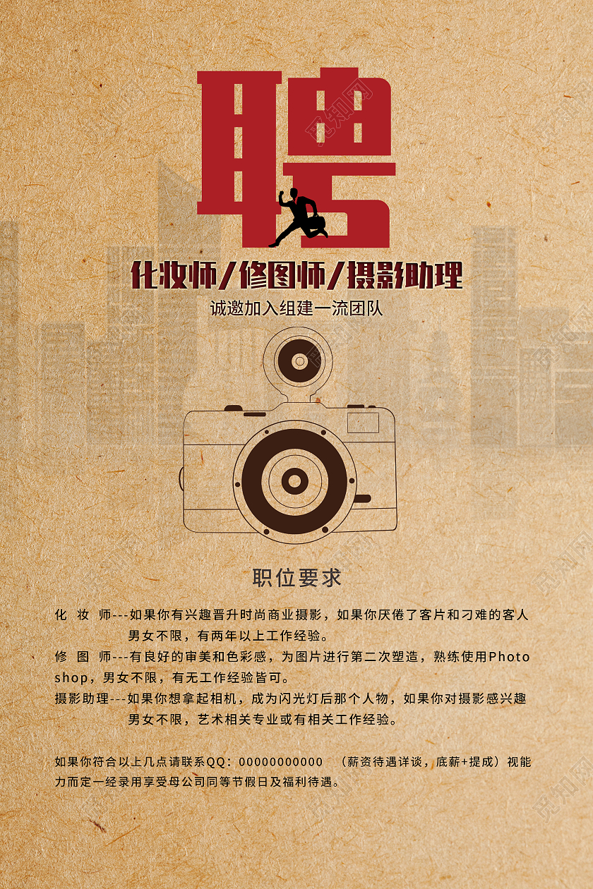 黄色做旧影楼招聘宣传活动海报影楼招聘海报