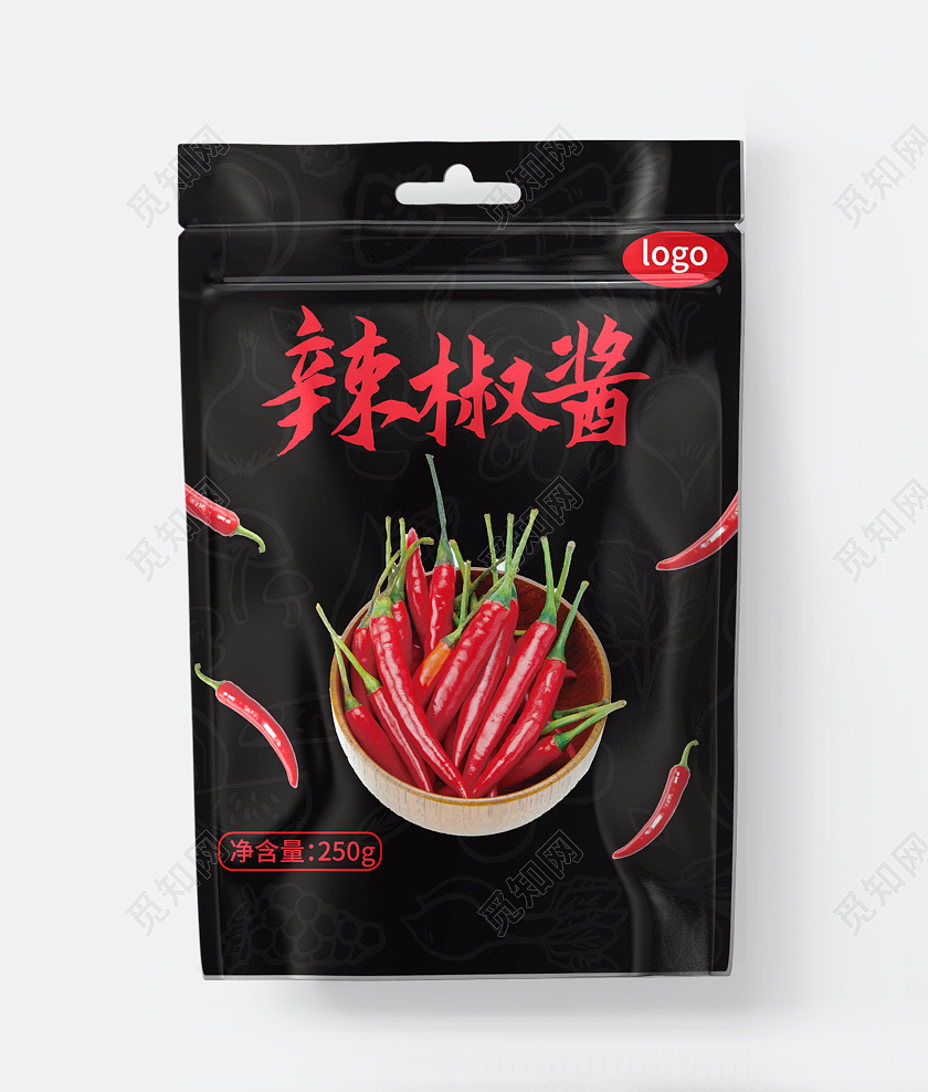 黑色简洁创意辣椒酱包装袋设计