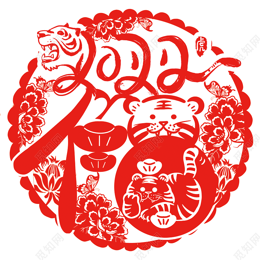 2022虎年中国风剪纸窗花虎年新年地贴