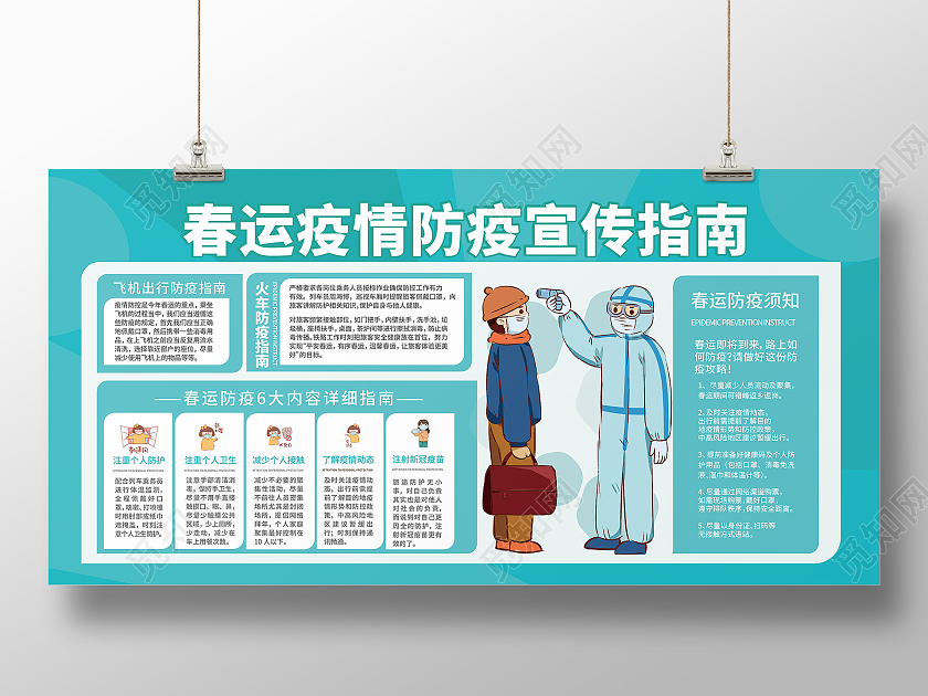 蓝色创意简洁卡通风格春运防疫宣传指南展板设计春运防疫展板