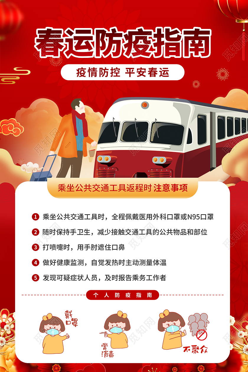 红色简约时尚春运春节插画海报春运防疫海报