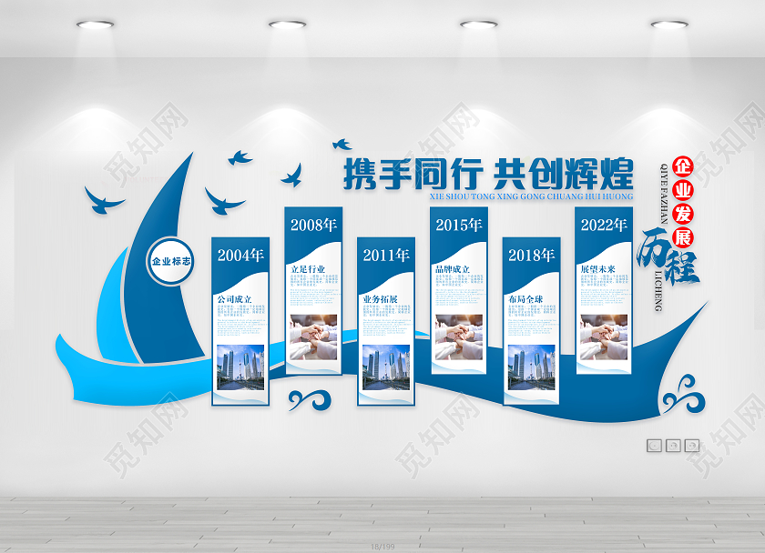 蓝色大气扬帆起航企业发展历程文化墙