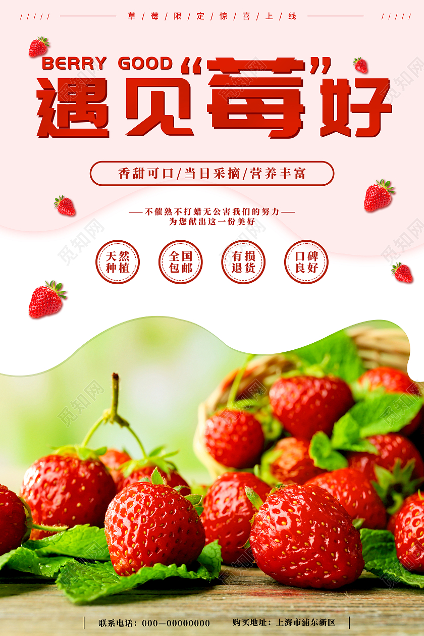 遇见莓好草莓水果宣传海报