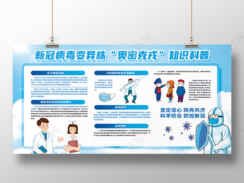 蓝色卡通新冠病毒变异毒株奥密克戎知识科普奥密克戎展板