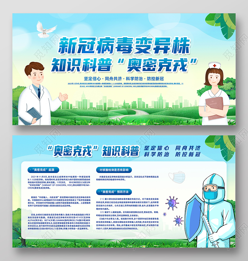 绿色卡通新冠病毒变异毒株奥密克戎知识科普奥密克戎展板