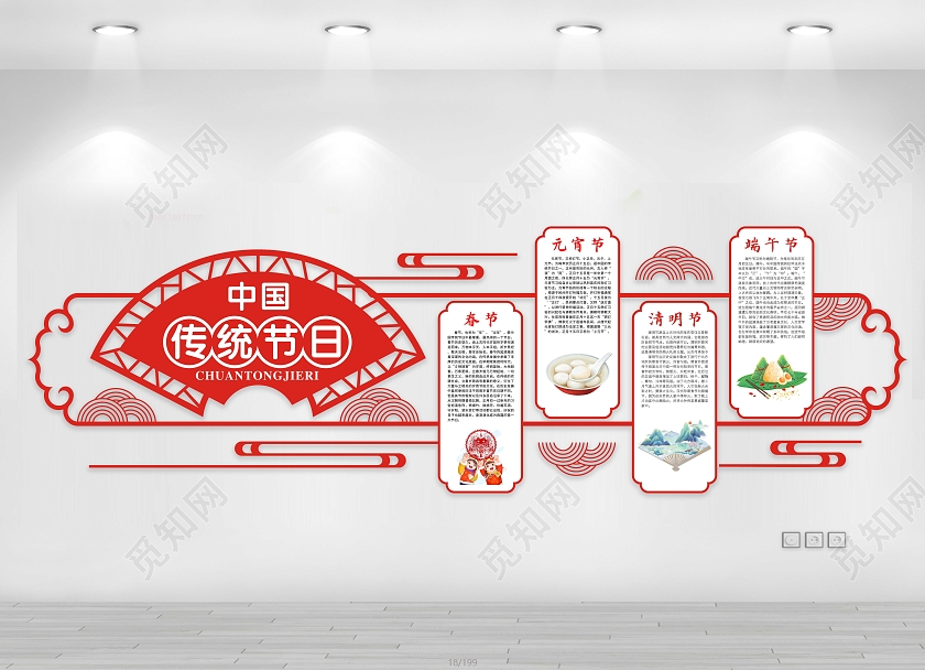 红色春节元宵清明端午文化墙中国传统节日