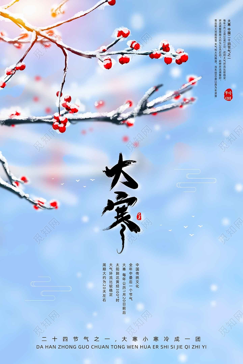 蓝色创意文艺清新中国传统二十四节气大寒海报