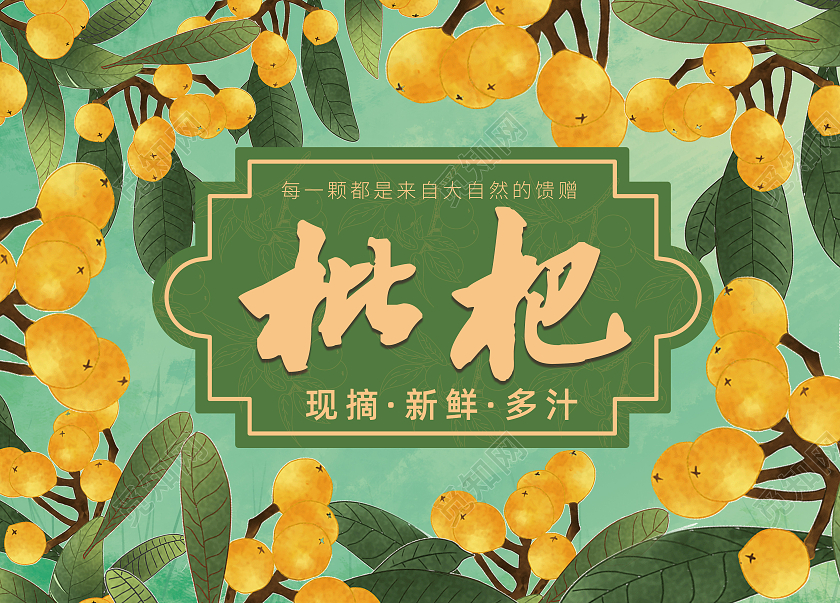 绿色手绘插画简约新鲜枇杷手提盒礼盒包装盒水果盒