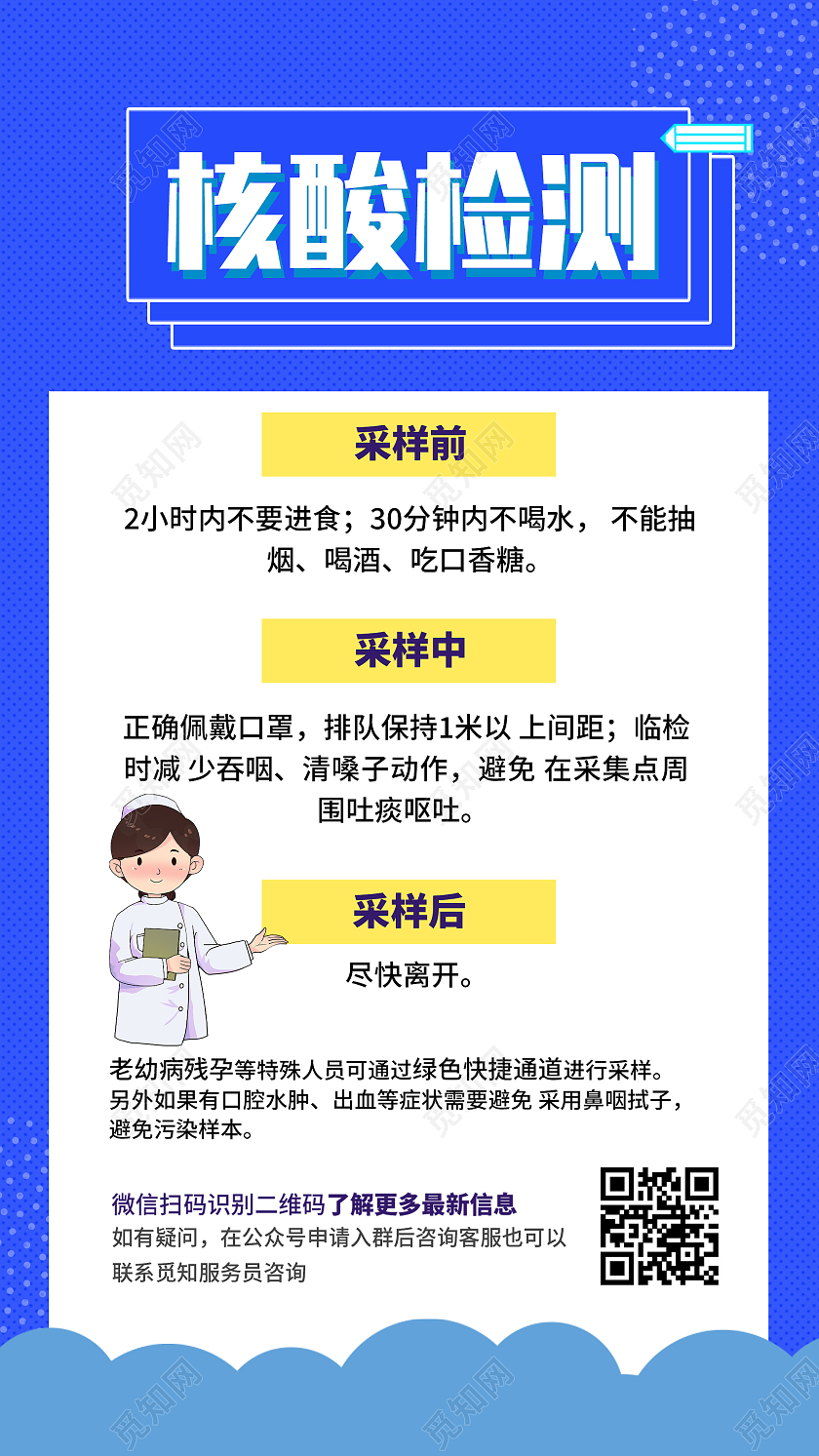 蓝色简约核酸检测流程介绍UI手机海报核酸检测采样过程