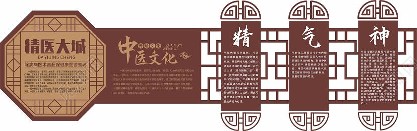 咖色中式边框中医文化精气神文化墙背景大医精诚文化墙