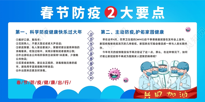 蓝色渐变简约大气春节防疫2大要点注意事项宣传展板海报春节防疫海报