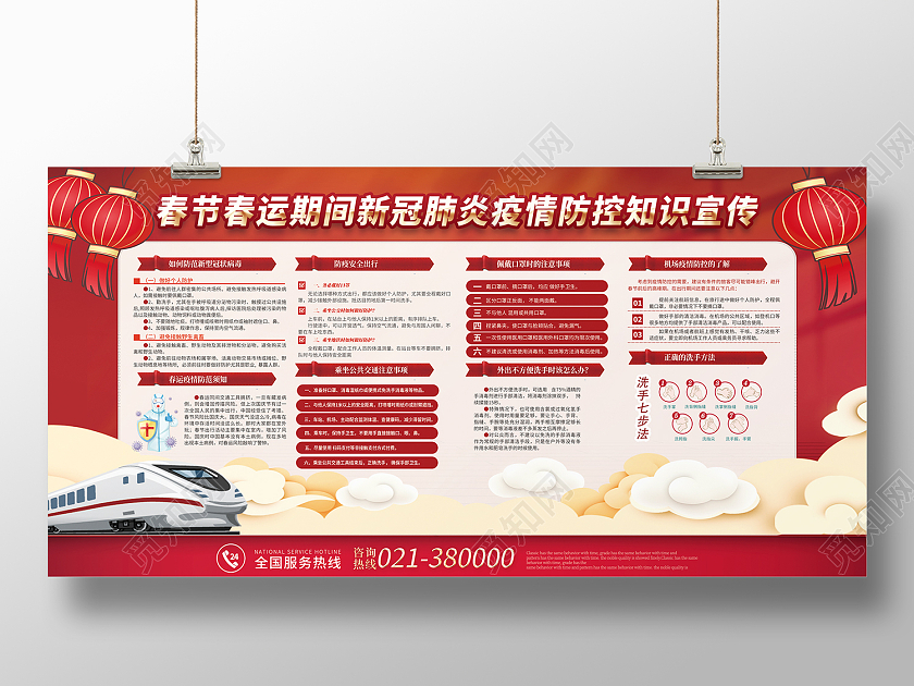 红色简约风春节春运期间新冠肺炎疫情防控知识宣传展板春运防疫展板