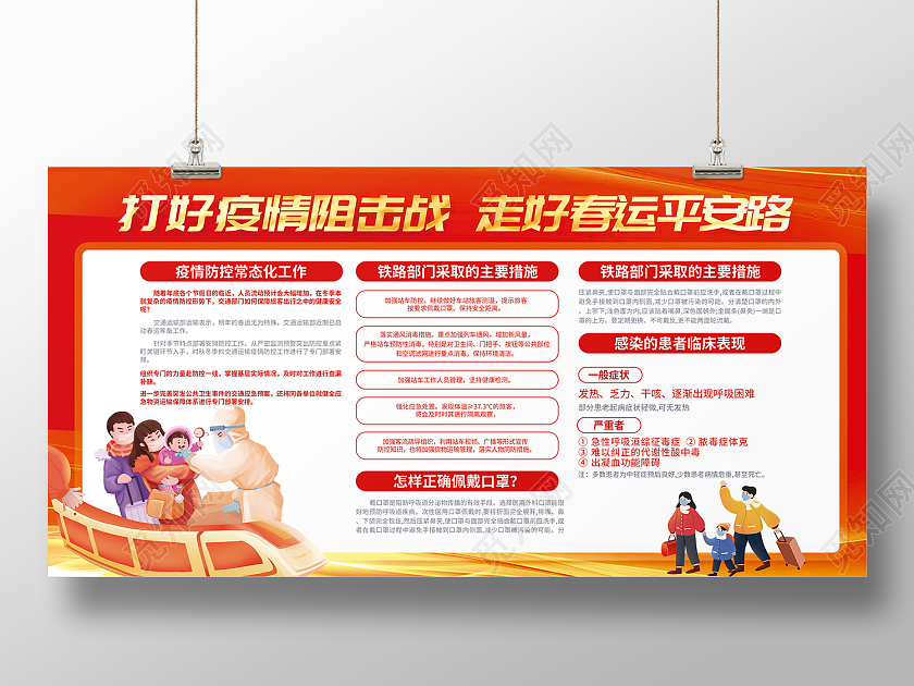 红色简约风春运防疫防控知识宣传内容展板春运防疫展板