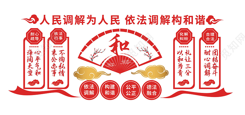 红色创意大气中国风人民调解为人民调解室宣传文化墙设计调解室文化墙