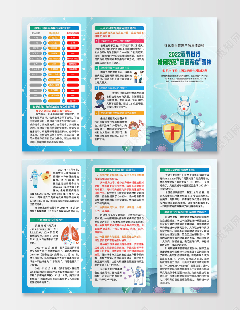 蓝色人物插画春节出行预防奥密克戎三折页
