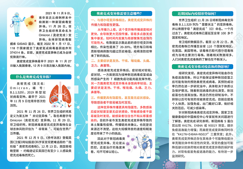 蓝色人物插画春节出行预防奥密克戎三折页