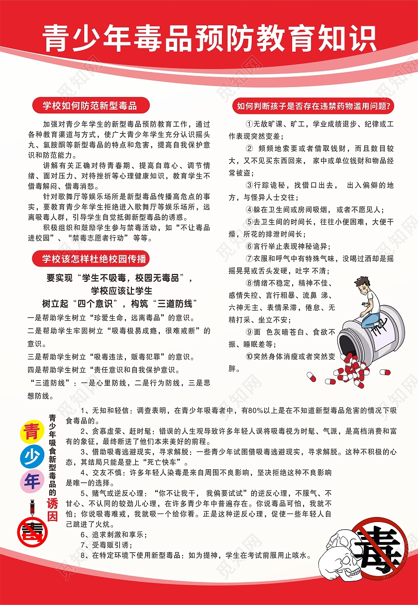 红色简约毒品青少年毒品预防知识海报背景禁毒宣传单