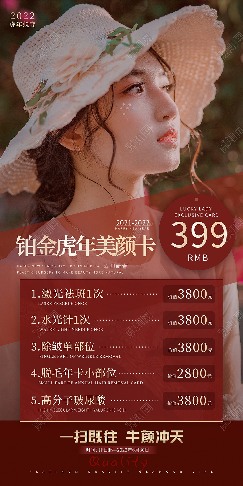 红色简约风2022铂金虎年美颜卡易拉宝新年美容