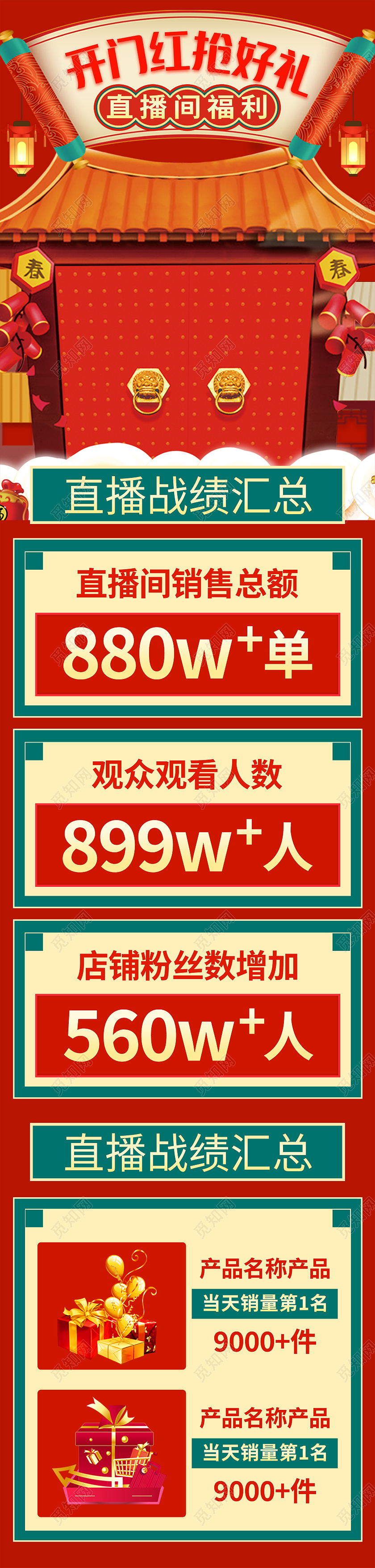 红色喜庆大气开门红抢好礼UI长图设计开门红长图