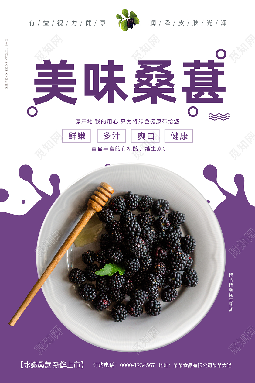 紫色白色美味桑葚宣传海报水果海报活动海报