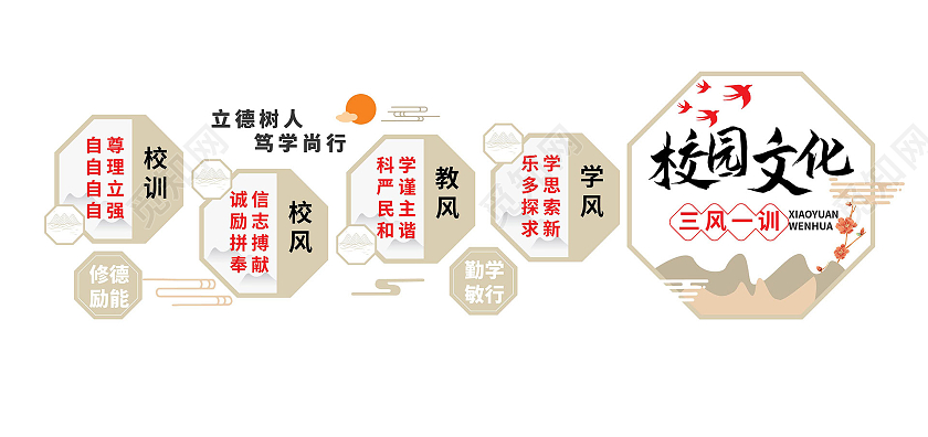 金色大气中国风校园文化三训一风校风文化墙设计三风一训校园文化墙