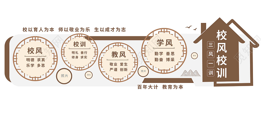 褐色大气中国风校风校训三风一训文化墙设计三风一训校园文化墙
