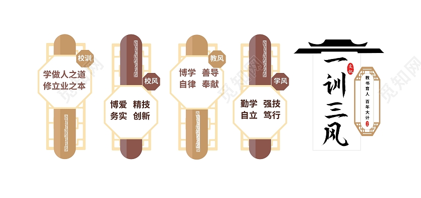 蓝褐色创意中国风一训三风校园文化墙设计三风一训校园文化墙