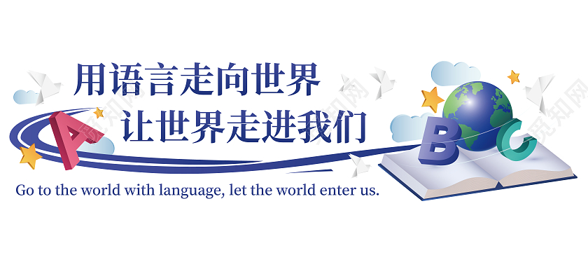 蓝色简约英语地球走向世界英语文化墙校园文化墙