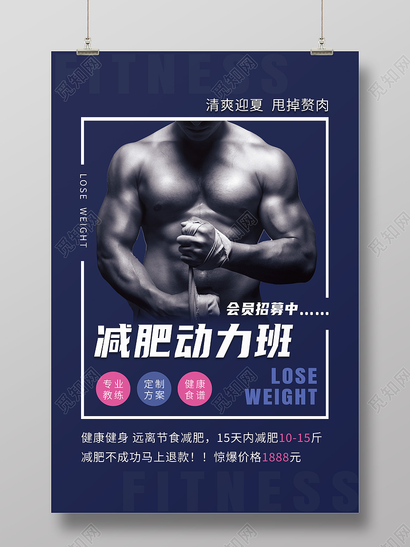 蓝色简约减肥动力班健康减肥海报