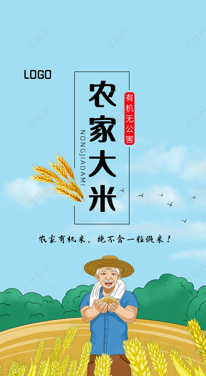 蓝色简约自然农家大米包装袋有机手提袋包装