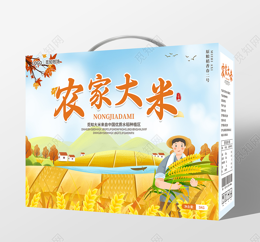 黄色简约插画农家大米大米包装