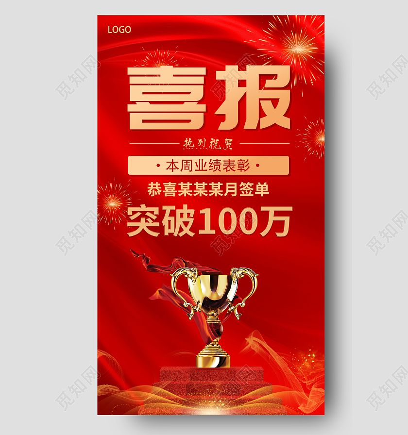 红色奖杯业绩喜庆喜报手机宣传海报签单喜报手机宣传海报