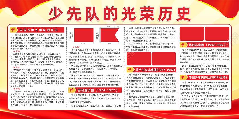 红色党建背景少年先锋队红领巾光荣历史展板少先队历史