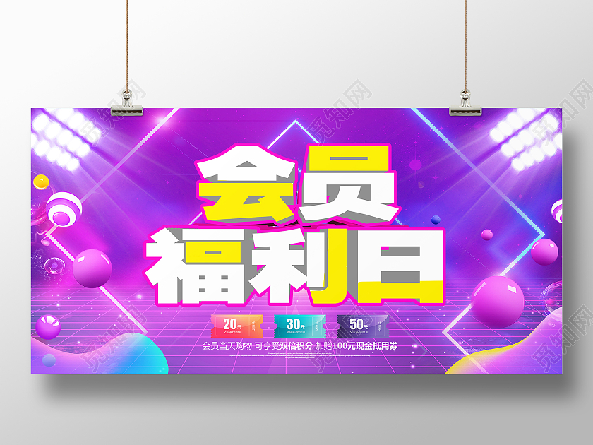 紫色简约会员福利日会员日展板