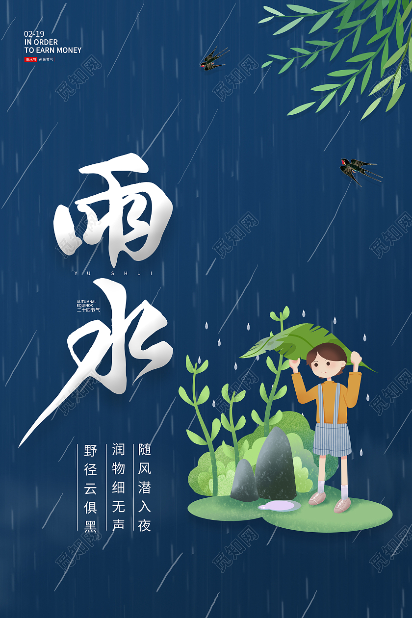 蓝色简约小清新插画风二十四节气雨水海报