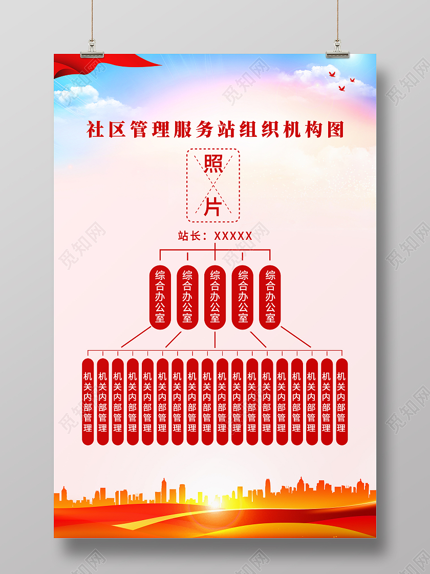 红色大气社区管理服务站组织机构图海报组织架构图