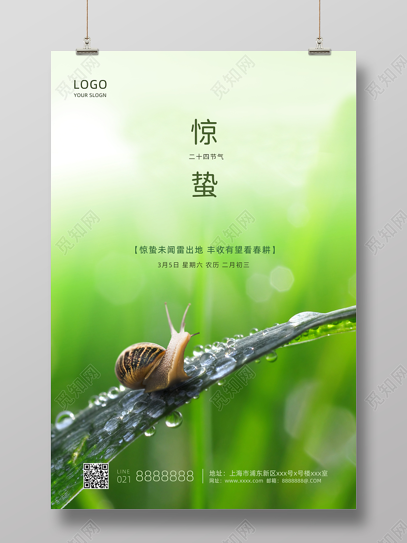 绿色背景简约风格惊蛰二十四节气海报展板海报