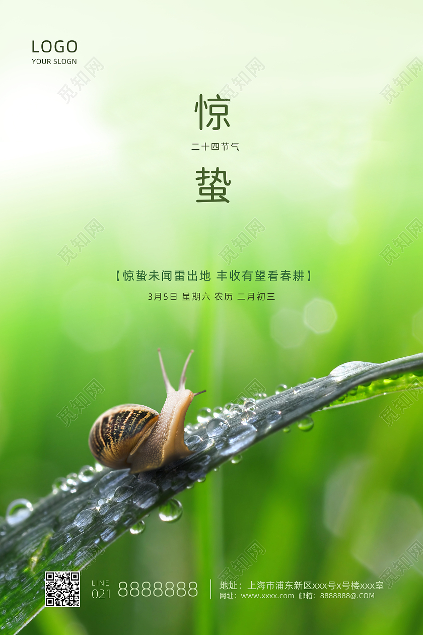 绿色背景简约风格惊蛰二十四节气海报展板海报