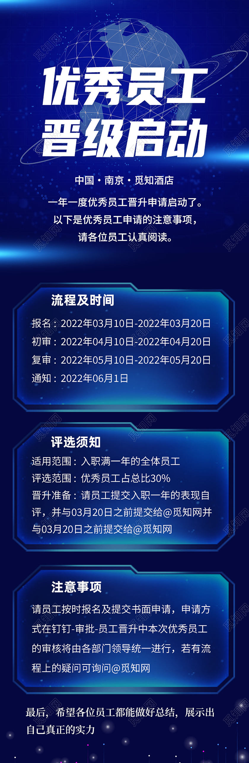 蓝色简约优秀员工晋级启动科技感长图