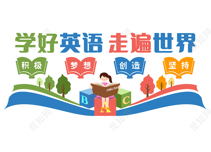 彩色简约学好英语走遍世界文化墙校园英语文化墙校园文化墙