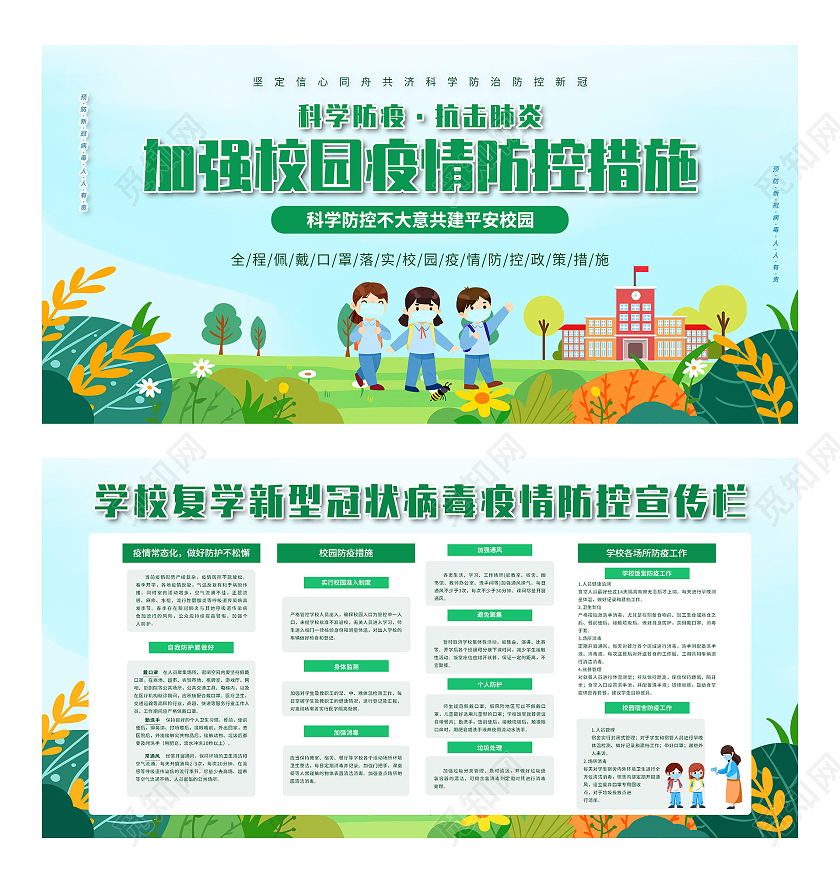 蓝色卡通加强校园疫情防控措施宣传栏展板开学