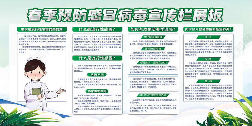绿色简约春季预防感冒病毒宣传栏展板春季流行性感冒展板