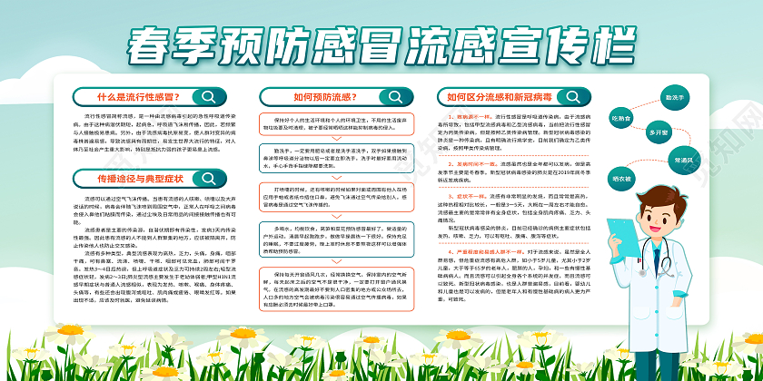 绿色简约春季预防感冒流感宣传栏春季流行性感冒展板