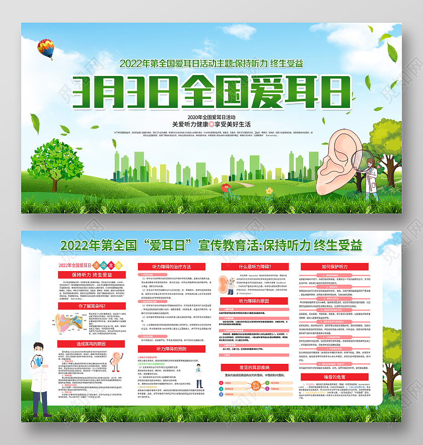 绿色小清新3月3日全国爱耳日宣传展板